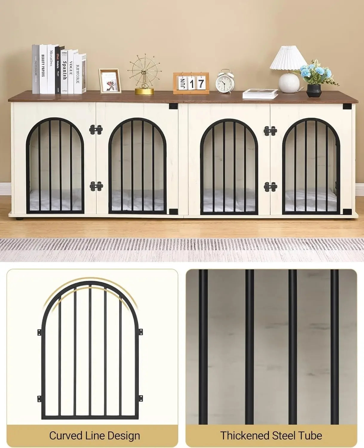Dog Crate Furniture 71" for Two Dogs, Wood & Steel with Removable Divider, Arch Doors & Washable Cushions