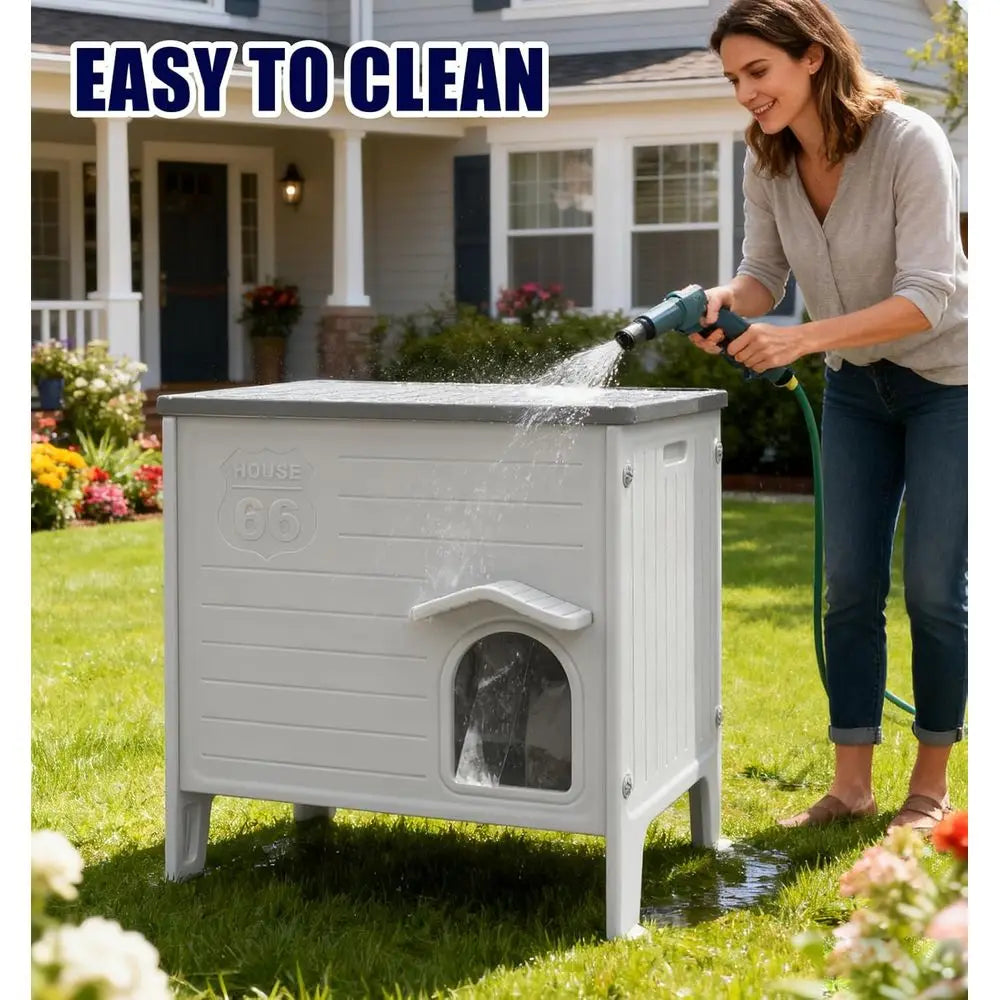 Heated Cat House 27", Weatherproof with Adjustable Heating Pad, Escape Door & Curtains