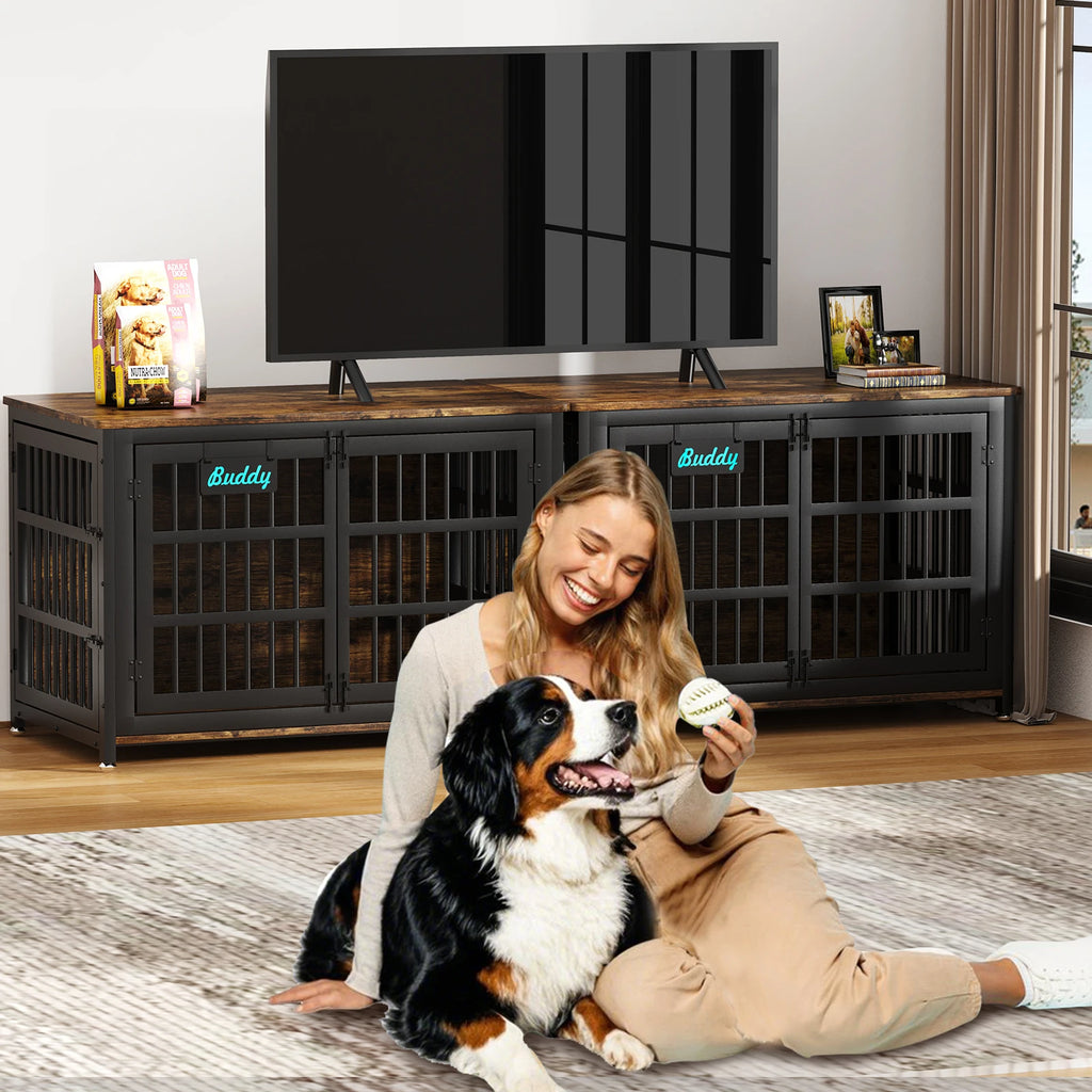 Dog Crate Furniture 41"–46", Heavy-Duty Metal & Wood with Double Doors, 6 Slide Locks & Locking Casters