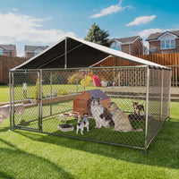 Outdoor Dog Kennel 7.5×7.5 ft, Galvanized Chain-Link with Waterproof Canopy Roof & Lockable Gate