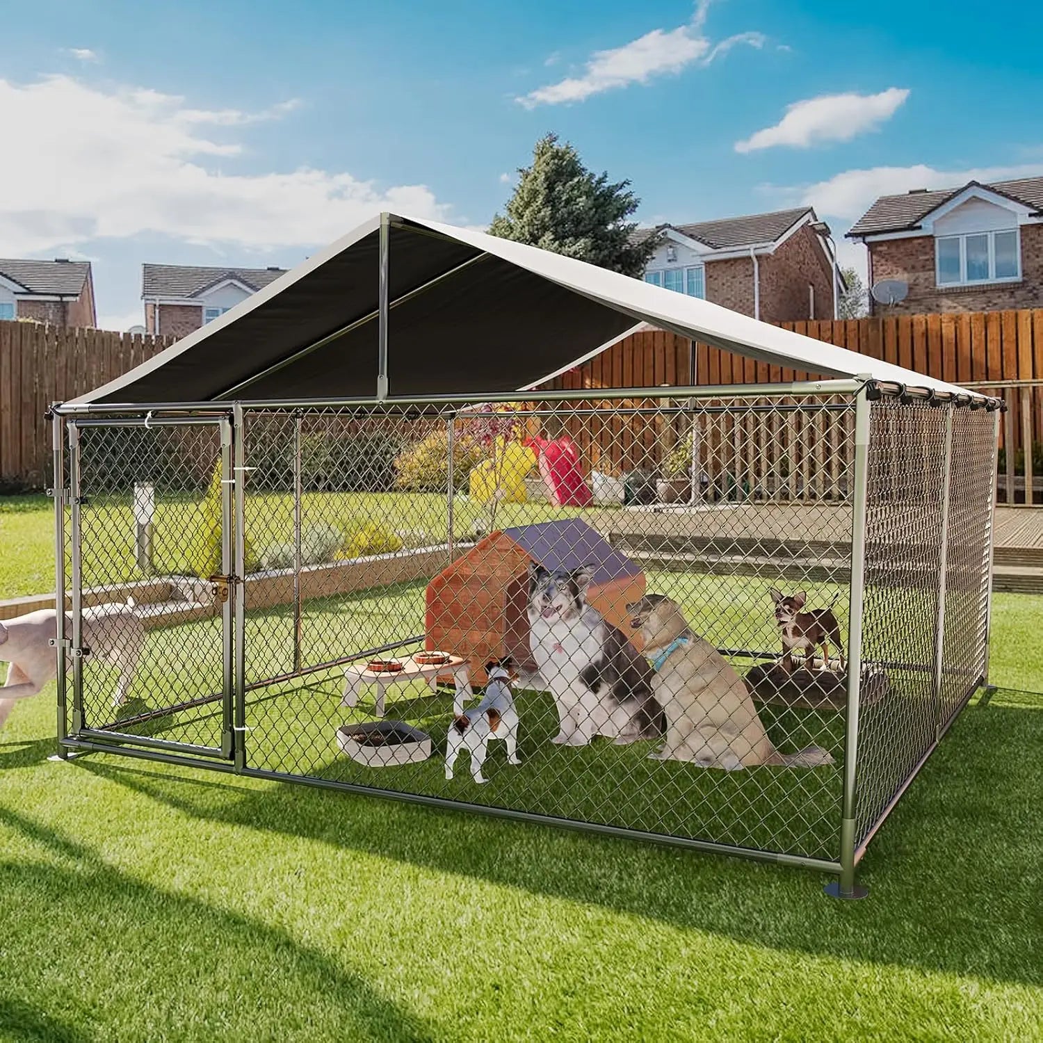 Outdoor Dog Kennel 7.5×7.5 ft, Galvanized Chain-Link with Waterproof Canopy Roof & Lockable Gate