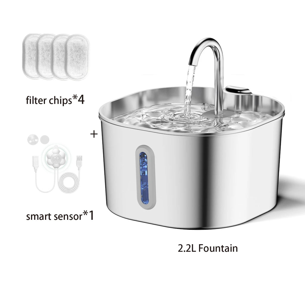 Cat Water Fountain 2.2L, Stainless Steel with Motion Sensor, 30dB Quiet Pump & Water Level Window
