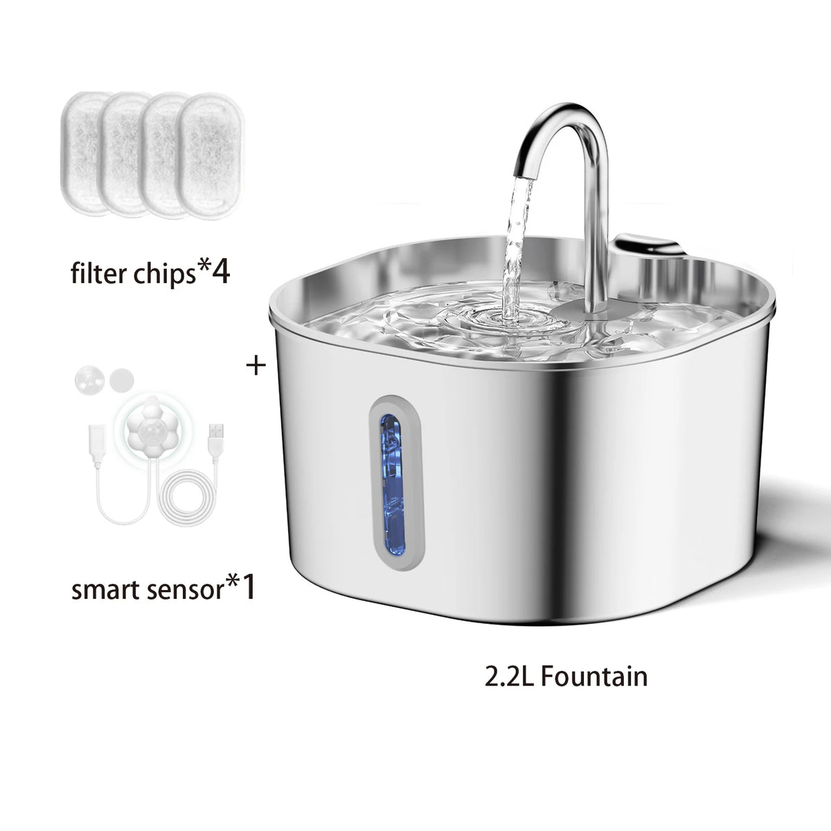 Cat Water Fountain 2.2L, Stainless Steel with Motion Sensor, 30dB Quiet Pump & Water Level Window