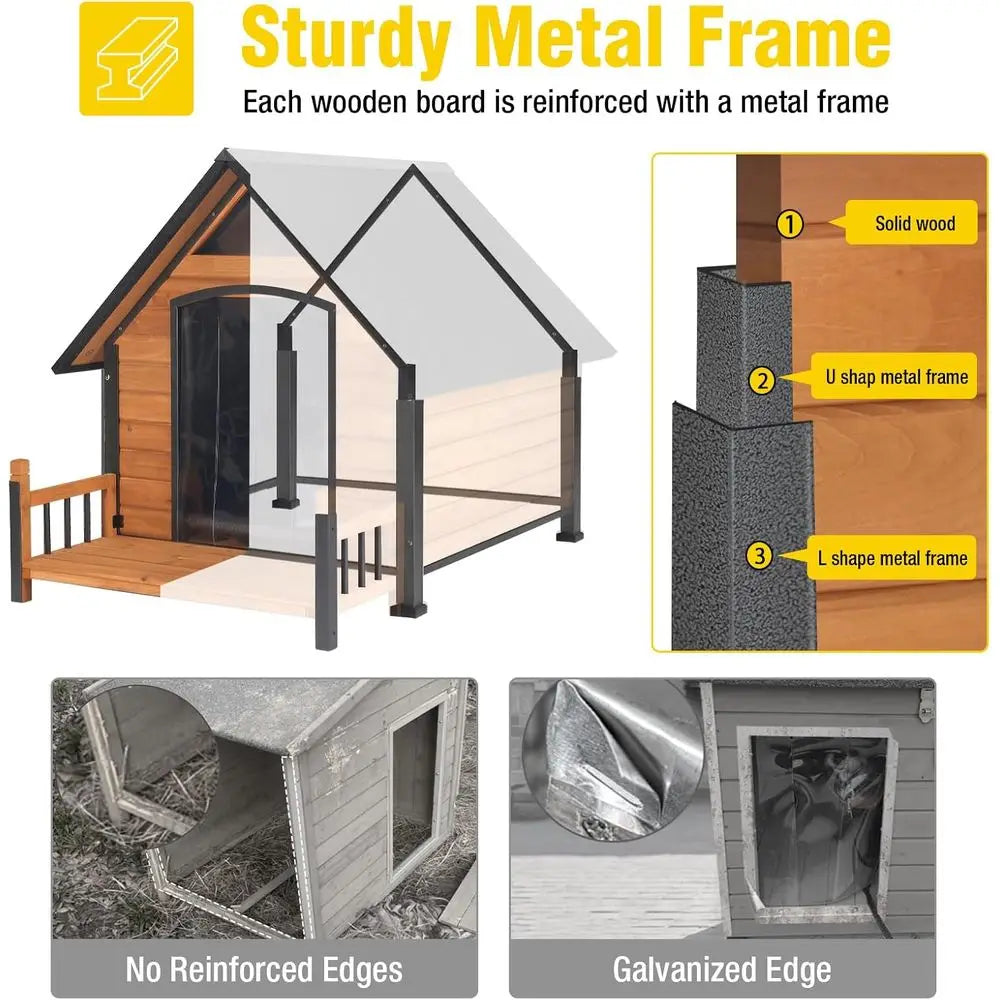Heated Outdoor Dog House 50", Wood with Metal Frame, Adjustable Heating Pad, Insulated Liner & Porch