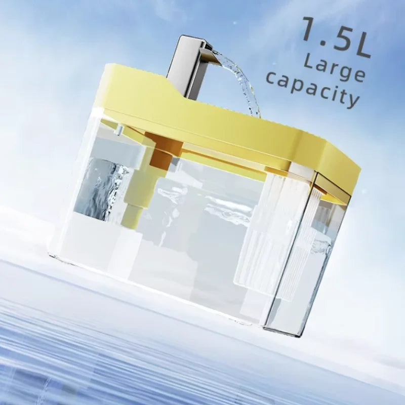 Cat Water Fountain 1.5L, Transparent Tank with Raised Faucet Spout, Filter & Anti-Dry-Burn Pump