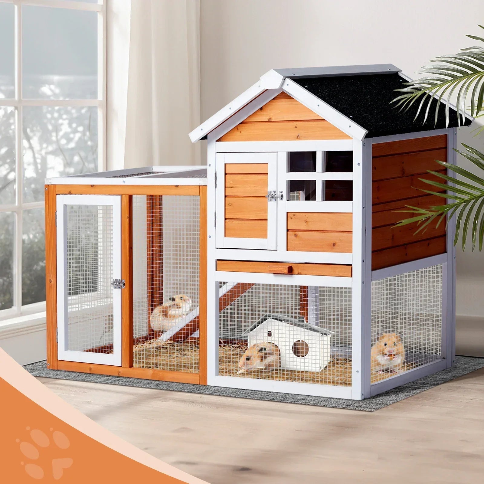 Wooden Rabbit Hutch 46" with Run, Fir Wood & Galvanized Mesh, Pull-Out Tray, Two Latching Doors & Waterproof Roof