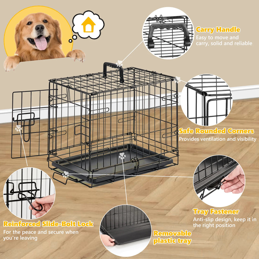 Folding Dog Crate 18", Metal Wire with Slide-Bolt Latch, Removable Tray & Carry Handle
