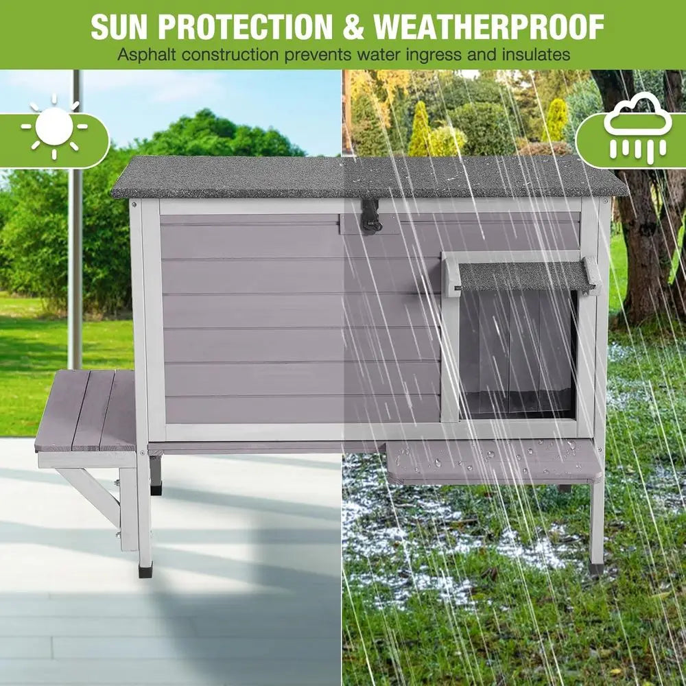Heated Cat House 34", Wood with Heating Pad, Thermal Liner, Elevated Base & Side Platforms
