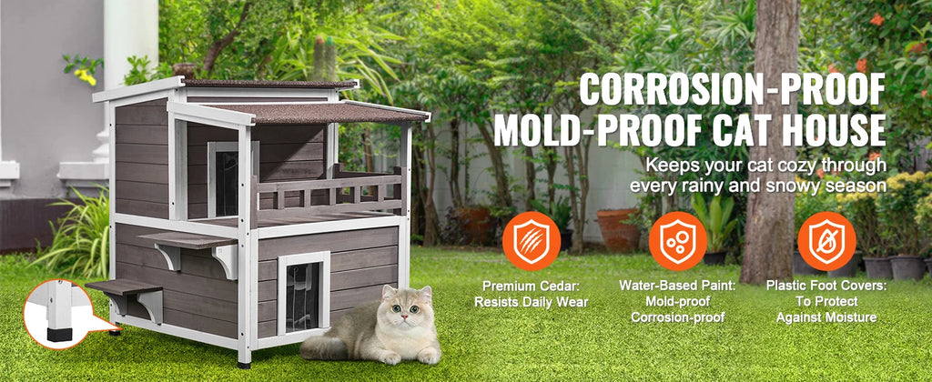 Outdoor Cat House 32", 2-Story Cedar Shelter with Balcony, Openable Roof & Door Curtain