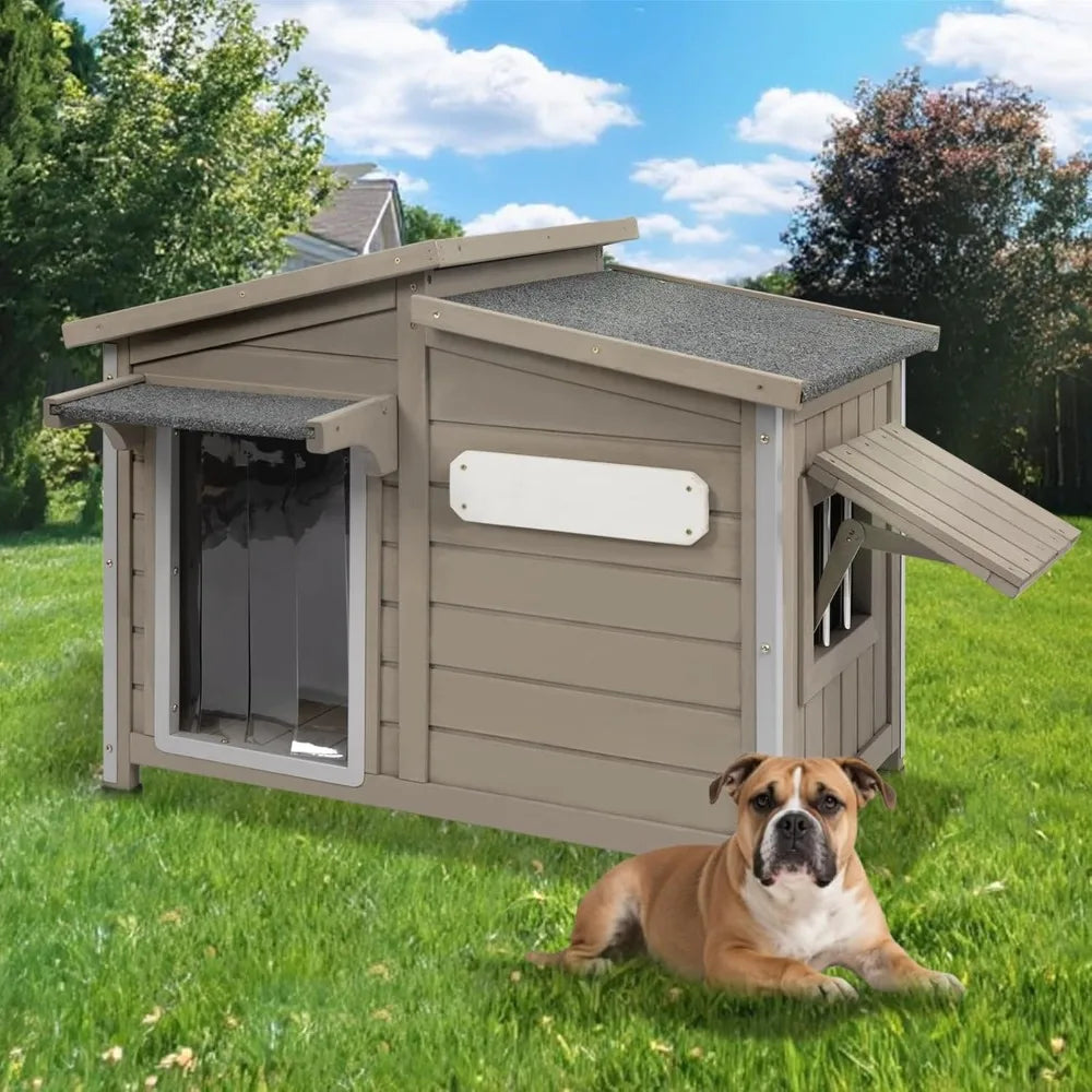 Outdoor Dog House 34", Fir Wood with Chew-Resistant Alloy Frame, Flip-Up Window & Removable Floor