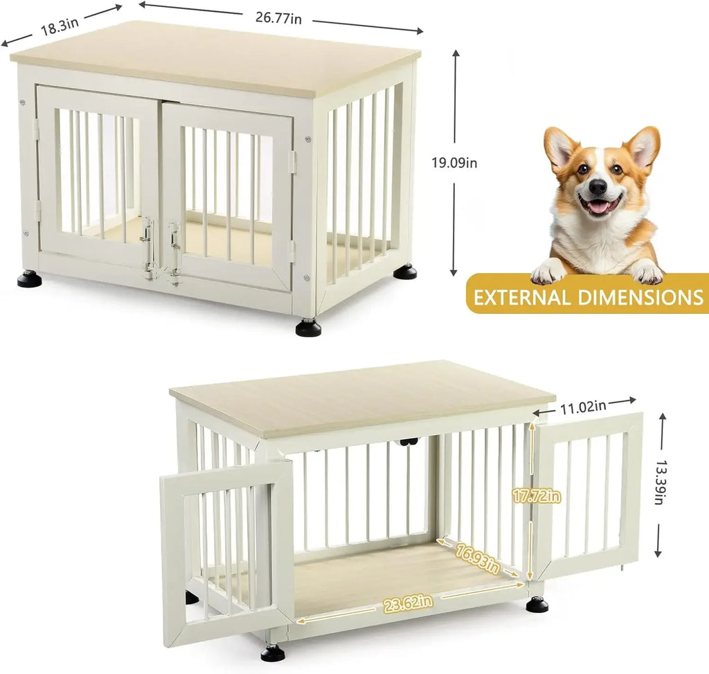 Dog Crate Furniture 27", Wood & Iron with Double Doors, 6 Slide Locks & Adjustable Feet