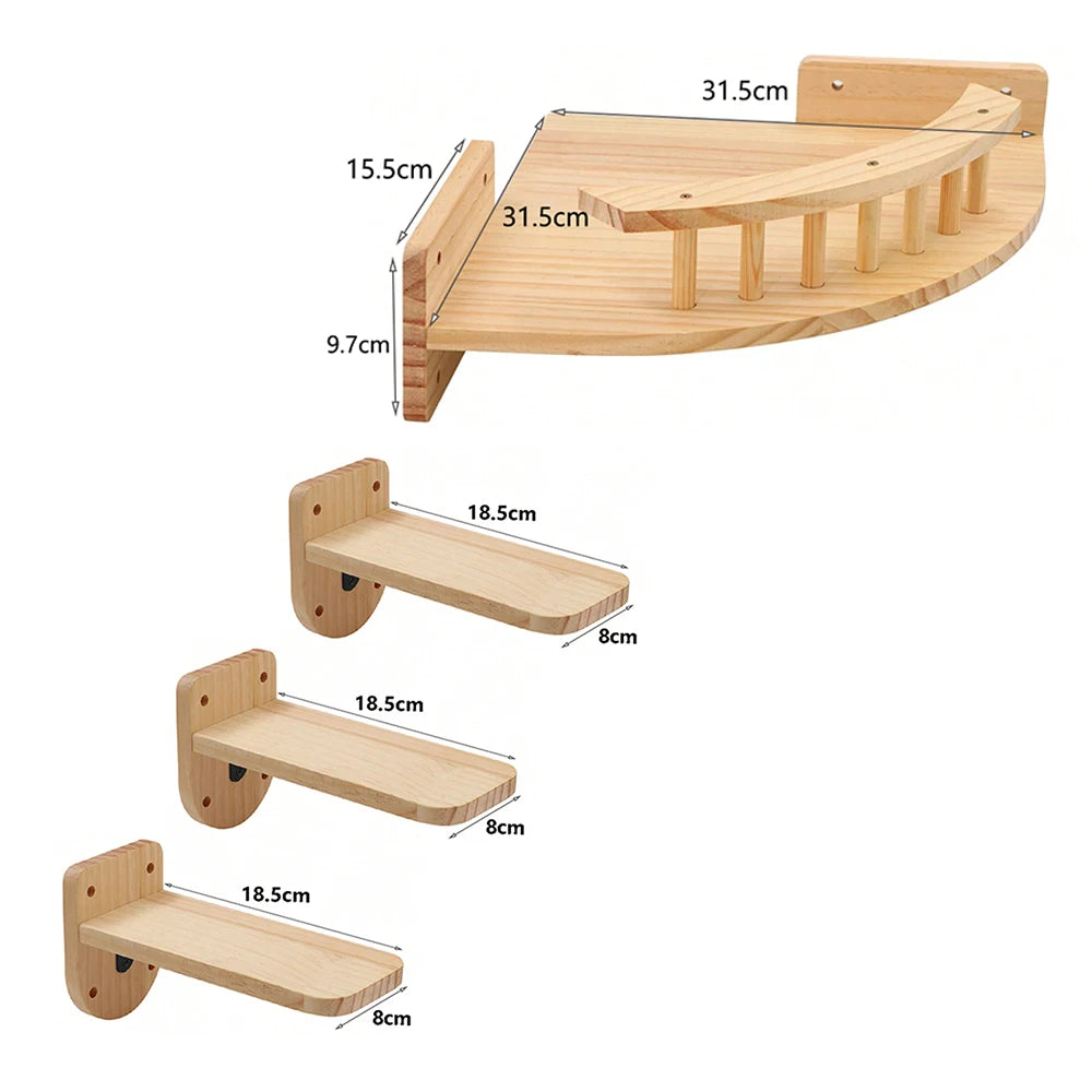Cat Wall Shelves Corner Set, 12.4" Curved Perch with 3 Steps & Hammock