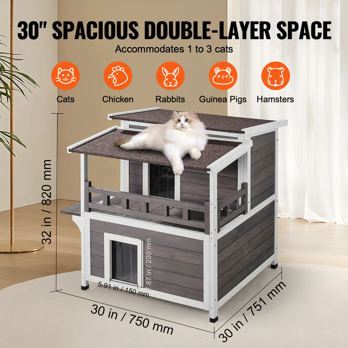 Outdoor Cat House 32", 2-Story Cedar Shelter with Balcony, Openable Roof & Door Curtain