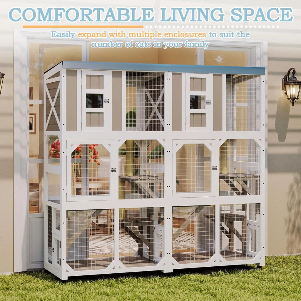 Catio on Wheels 63", Wooden with 3 Platforms, Capsule Bed & Window Access