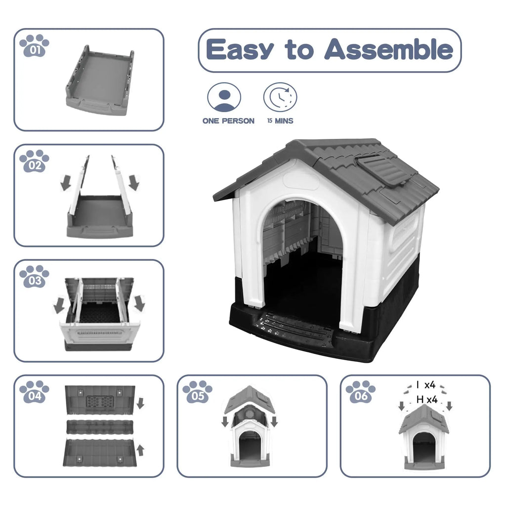 Outdoor Dog House 39", Waterproof Plastic Shelter with Openable Roof, Vent Windows & Raised Floor