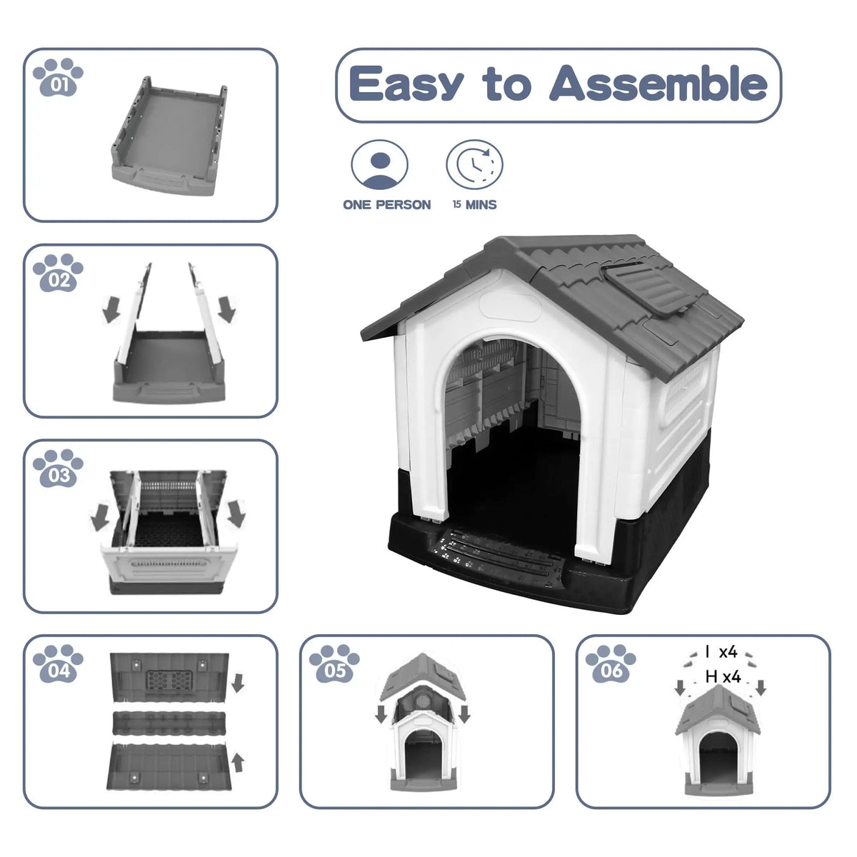 Outdoor Dog House 39", Waterproof Plastic Shelter with Openable Roof, Vent Windows & Raised Floor