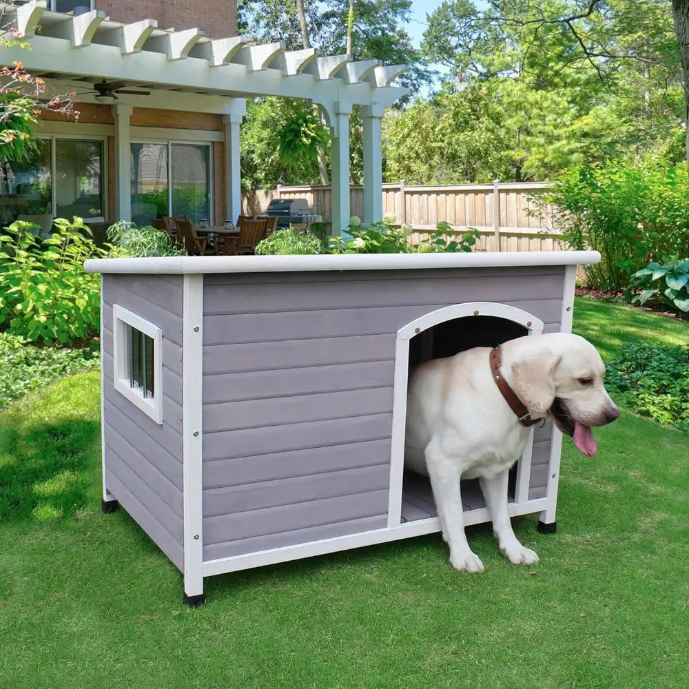 Outdoor Dog House 44", Wood with Openable Roof, Removable Window, PVC Door Curtain & Raised Floor