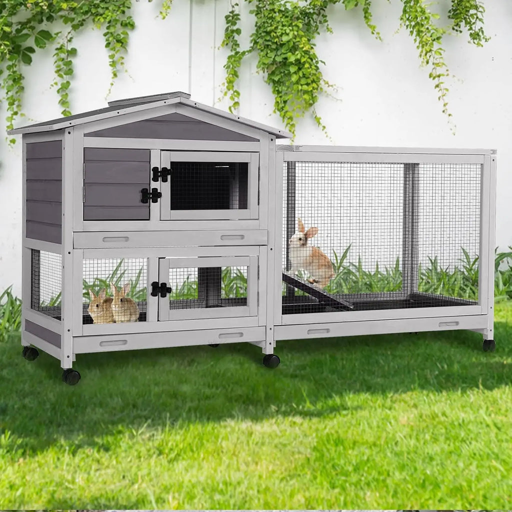 Rabbit Hutch 2-Story, Chew-Proof Wood with Metal Frame, 6 Locking Casters & 3 Pull-Out Trays
