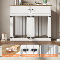 Dog Crate 41", Farmhouse White Wood & Steel with Removable Divider, Storage Cabinets & Double Doors