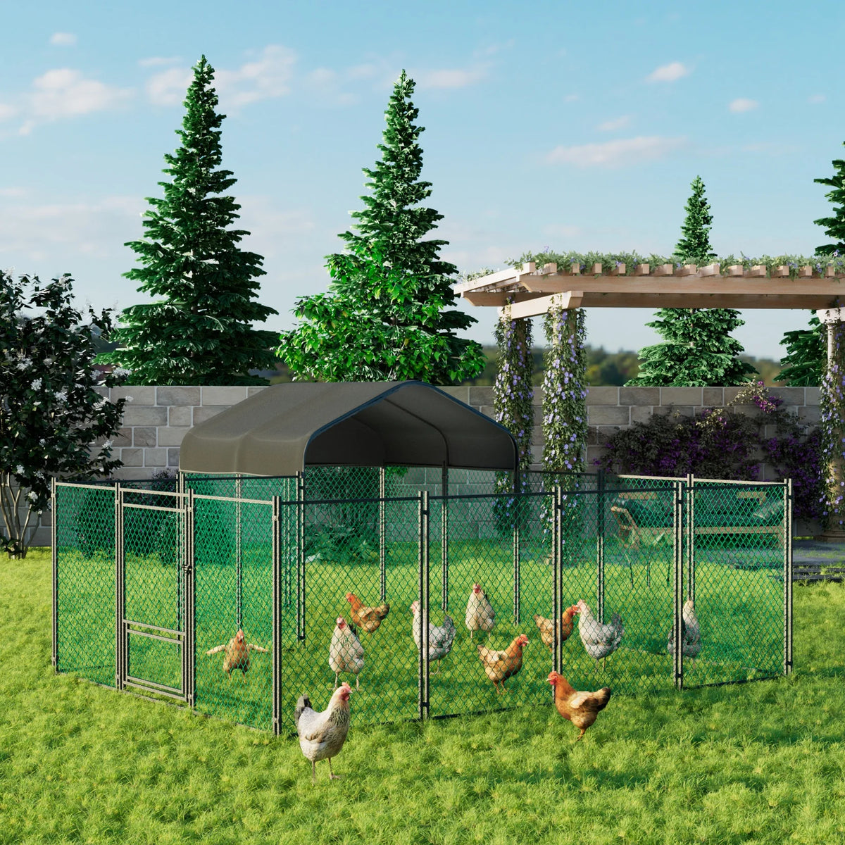 Walk-In Chicken Coop Run 12.9 × 10.2 ft, Galvanized Steel Pen with Waterproof Cover, Lockable Door & Ground Stakes