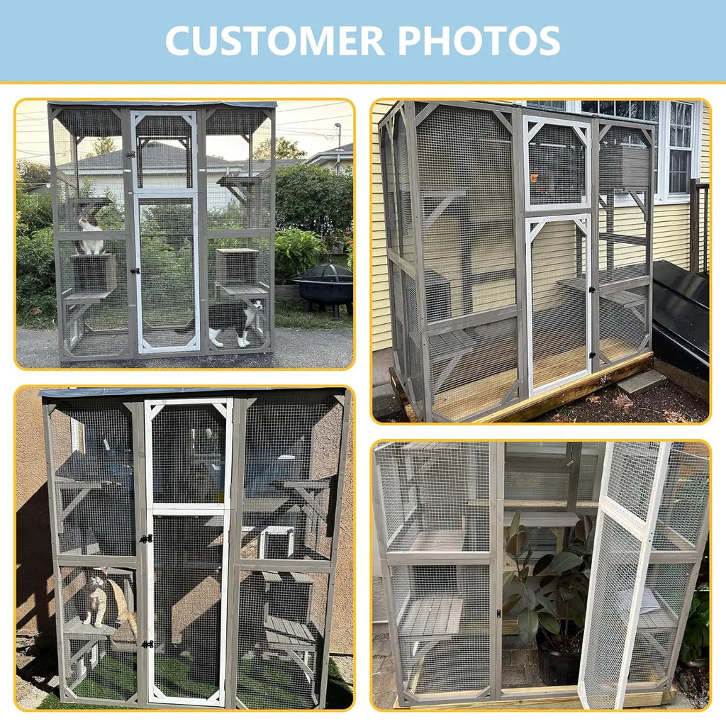 Catio Walk-In 67.7", Fir Wood with 5 Platforms, 2 Napping Houses & Window Access