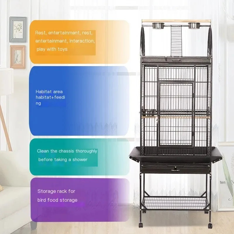 Play-Top Bird Cage 61" for Parrots, with Perch, Ladder, Stainless Feeder Cups, Anti-Splash Skirt & Rolling Stand