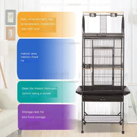 Play-Top Bird Cage 61" for Parrots, with Perch, Ladder, Stainless Feeder Cups, Anti-Splash Skirt & Rolling Stand