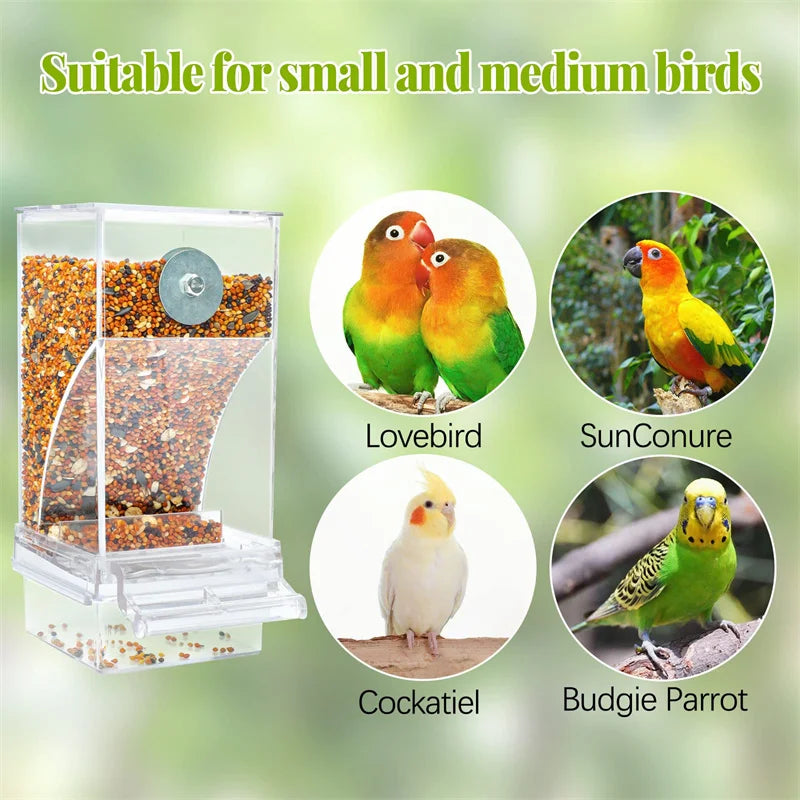 Bird Feeder for Cages 7.3", No-Mess Acrylic Seed Hopper with Husk Tray