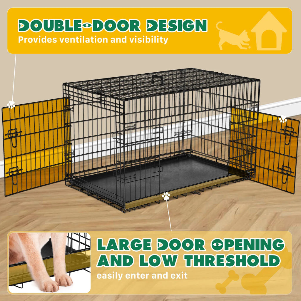 Dog Crate 36"–48", Folding Metal Wire with Double Doors, Divider Panel & Leak-Proof Tray