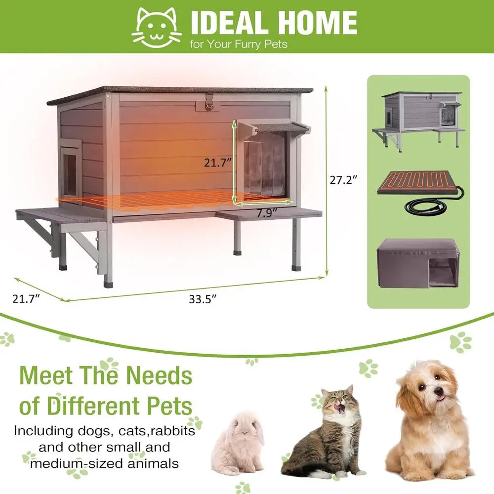 Heated Cat House 34", Wood with Heating Pad, Thermal Liner, Elevated Base & Side Platforms