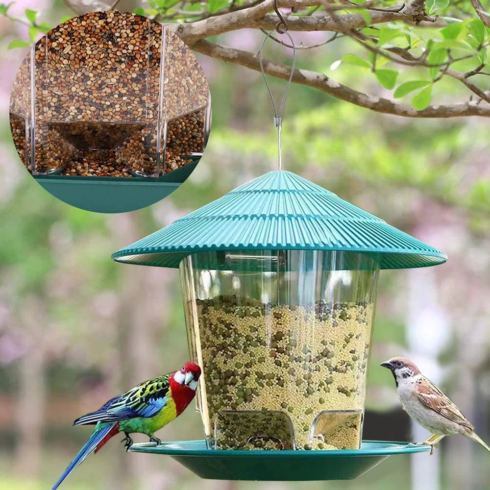Bird Feeder 6.5", Hanging Seed Dispenser with Weatherproof Roof, Clear Reservoir & Wide Perch Ring