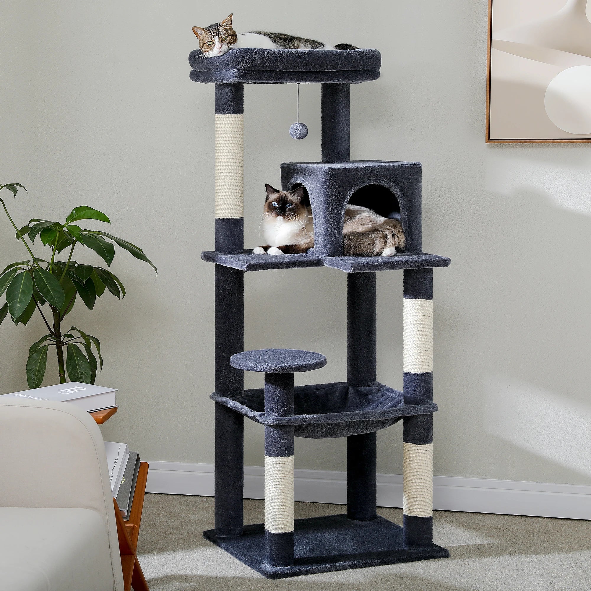 Cat Tree 143cm, 5-Level with Sisal Posts, Hammock, Condo & Top Perch
