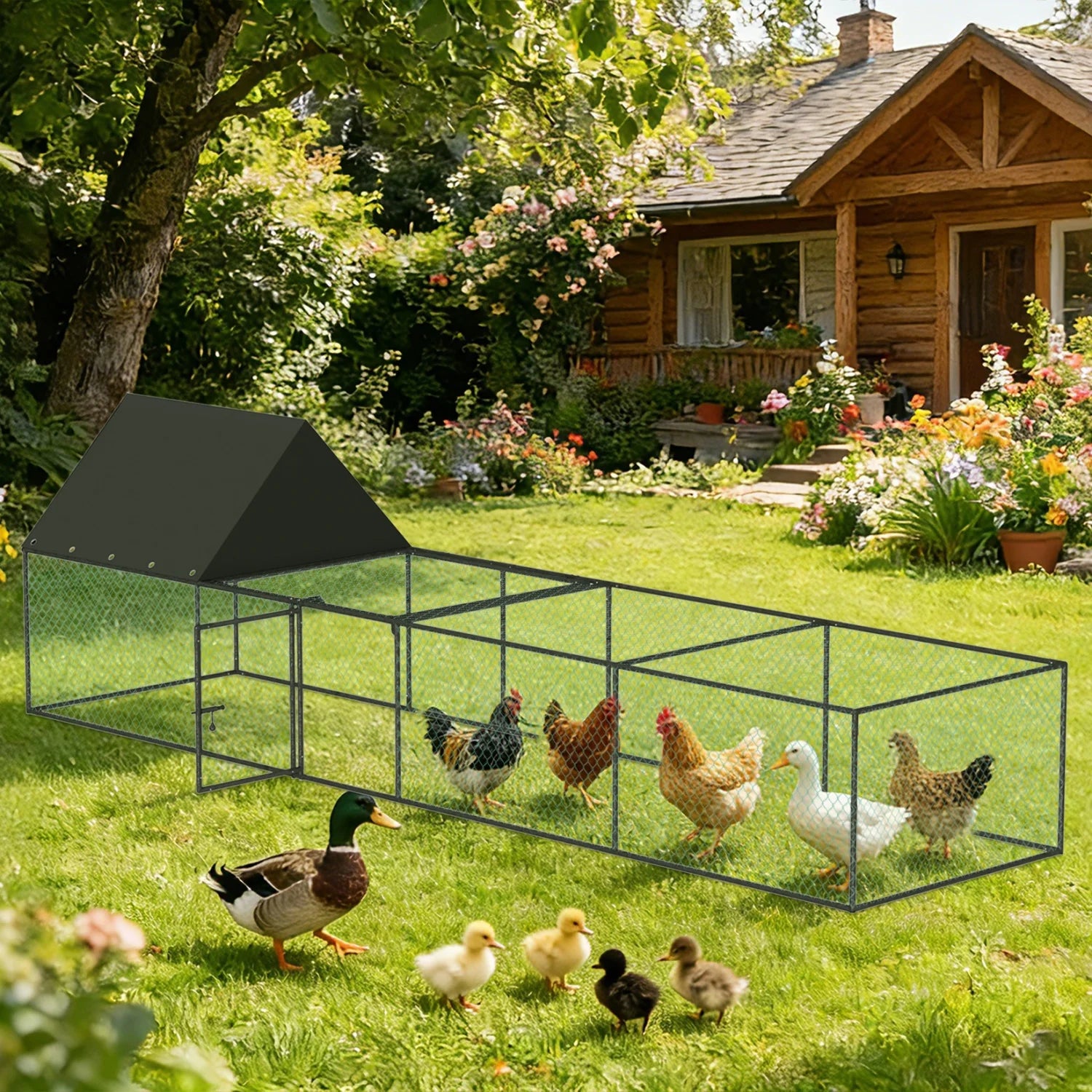 Chicken Coop Run 125", Metal Tunnel Pen with Nylon Netting, Waterproof Cover & Ground Pegs