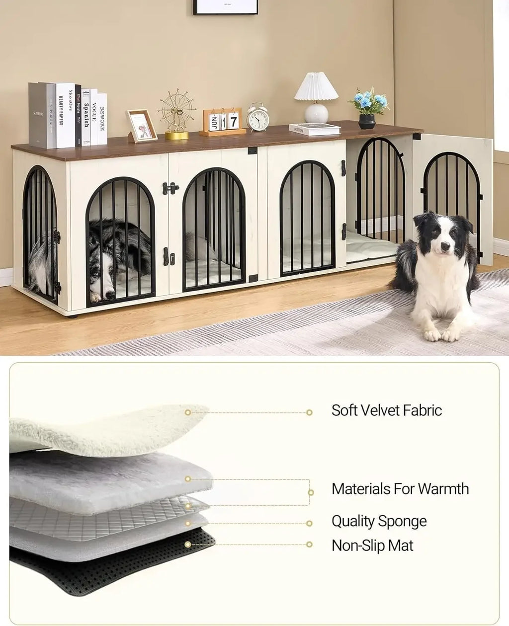 Dog Crate Furniture 71" for Two Dogs, Wood & Steel with Removable Divider, Arch Doors & Washable Cushions