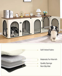 Dog Crate Furniture 71" for Two Dogs, Wood & Steel with Removable Divider, Arch Doors & Washable Cushions
