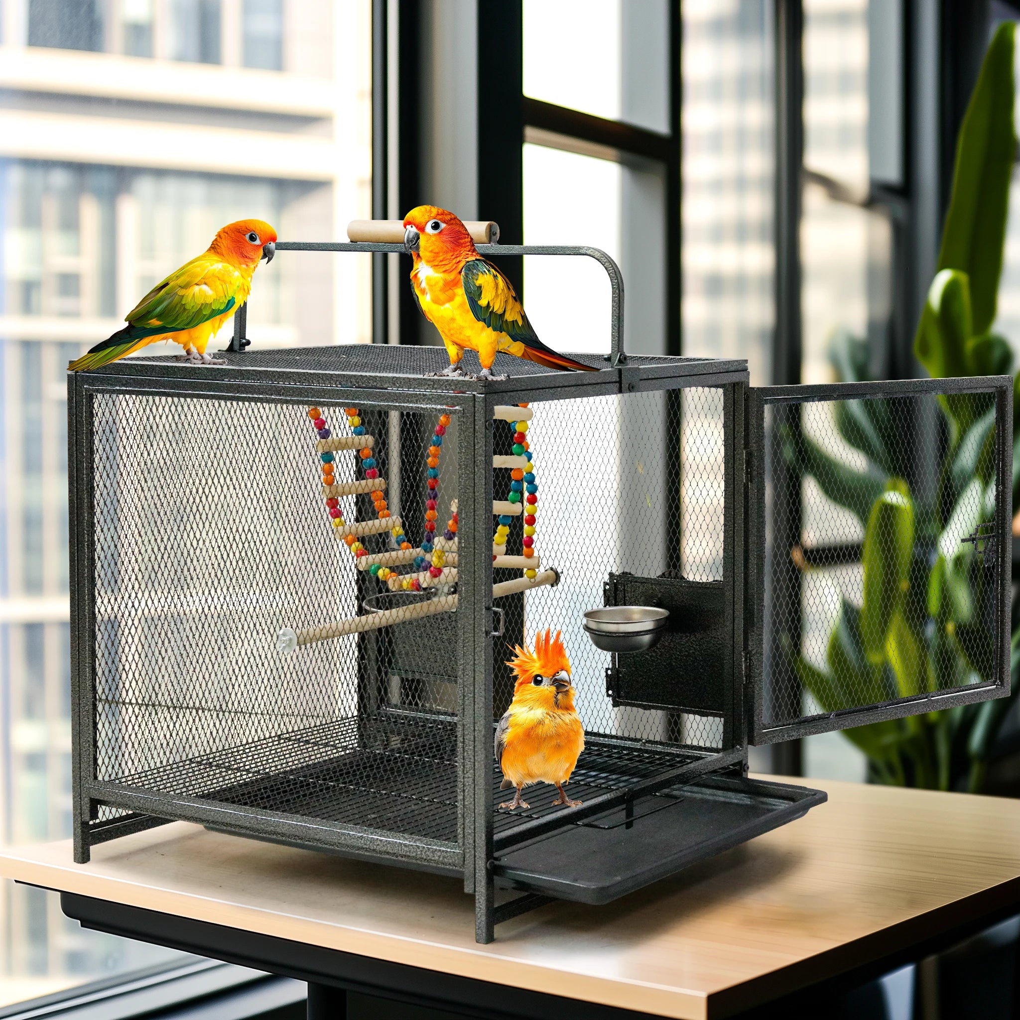 Bird Cage Travel Carrier 23", Wrought Iron Mesh with Wood-Grip Handle, Side Feeder Doors, Wood Perches & Pull-Out Tray