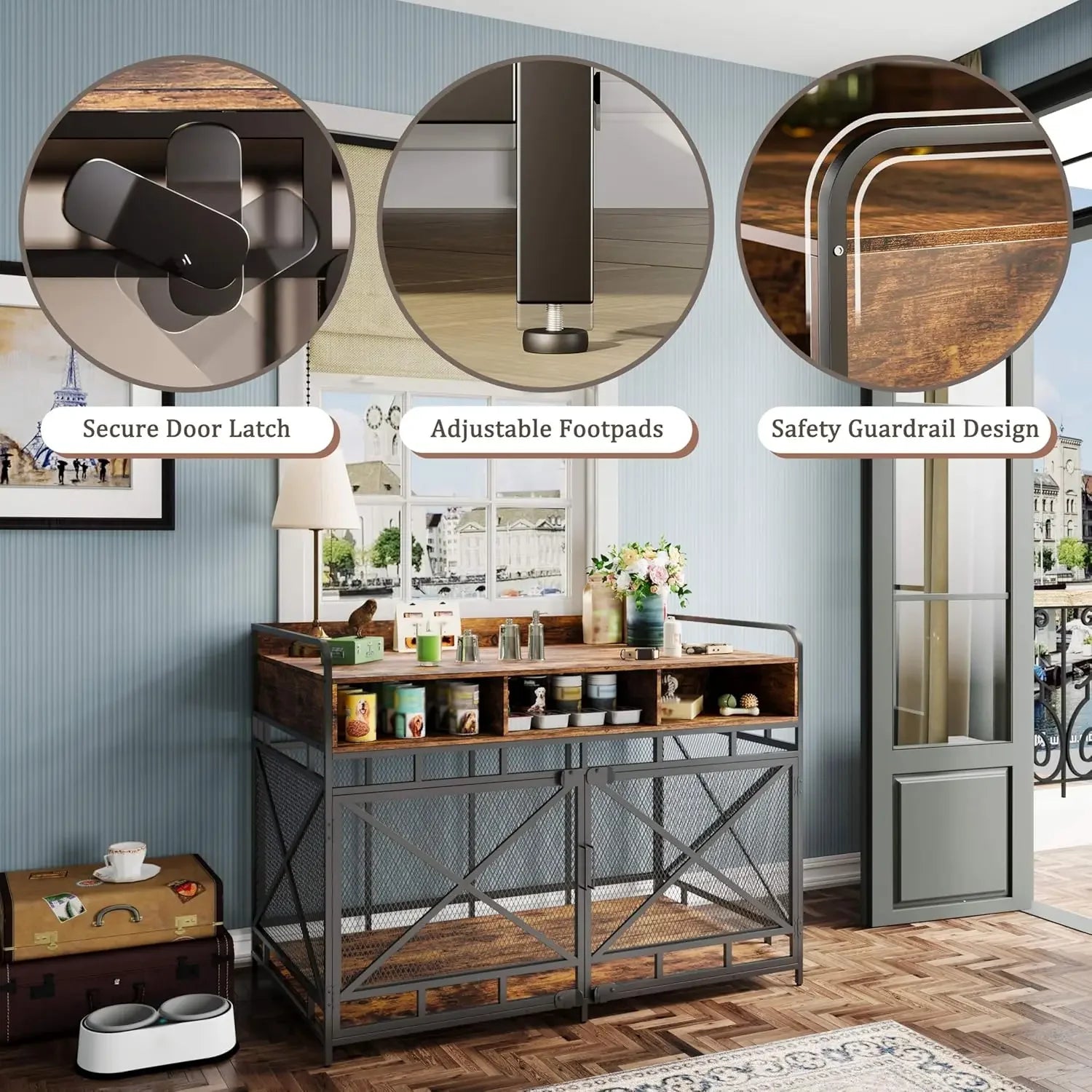Dog Crate  48", Heavy-Duty Wood & Steel with Chew-Proof Mesh, Storage Compartments & Double Doors
