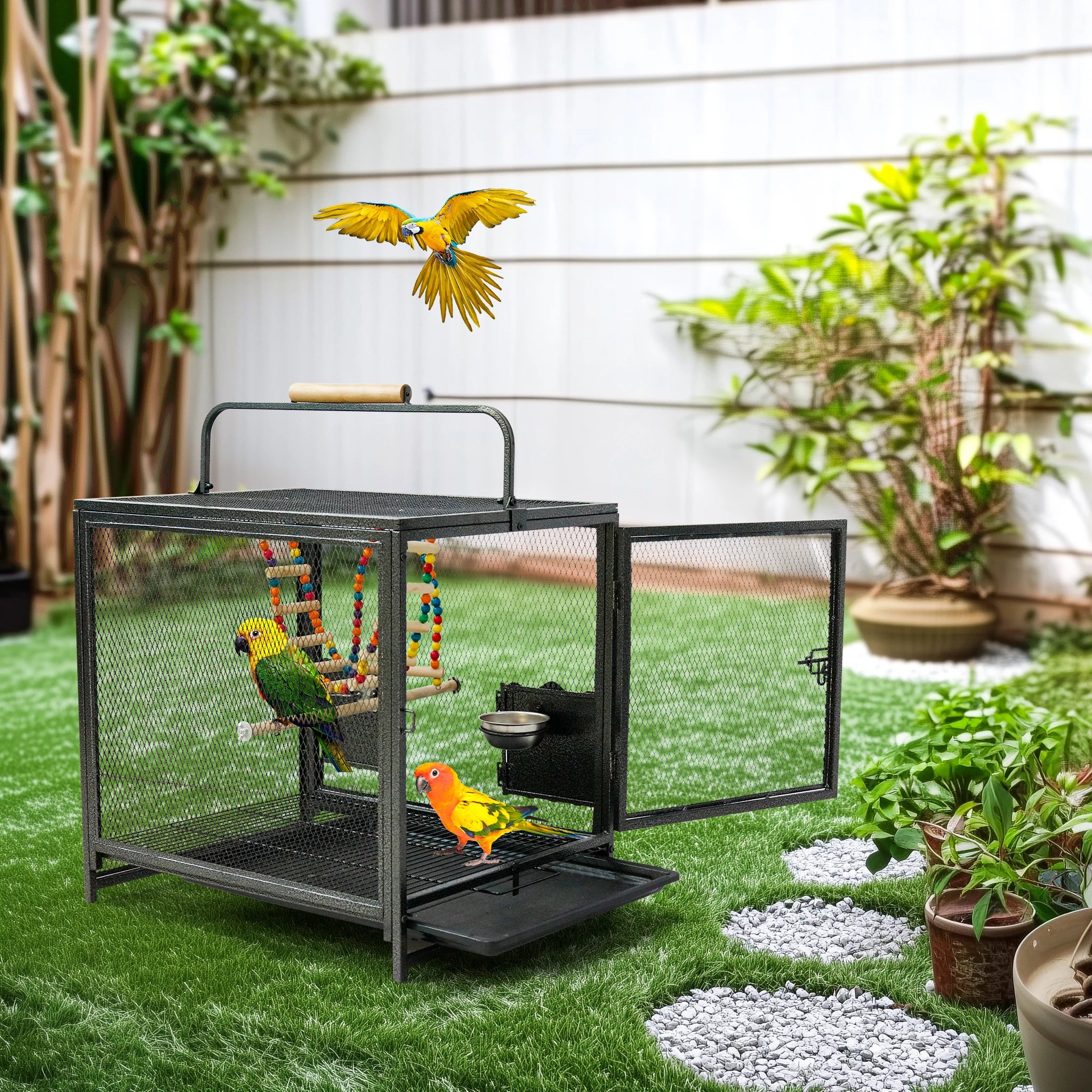 Bird Cage Travel Carrier 23", Wrought Iron Mesh with Wood-Grip Handle, Side Feeder Doors, Wood Perches & Pull-Out Tray
