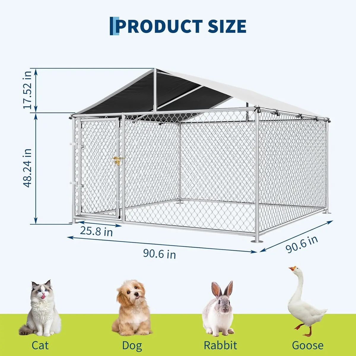 Outdoor Dog Kennel 7.5×7.5 ft, Galvanized Chain-Link with Waterproof Canopy Roof & Lockable Gate