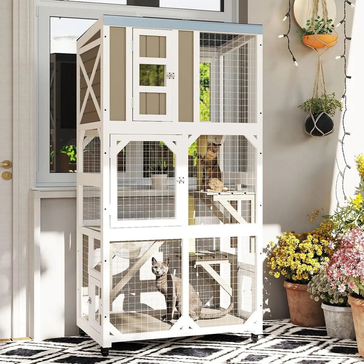 Catio on Wheels 63", Wooden with 3 Platforms, Capsule Bed & Window Access