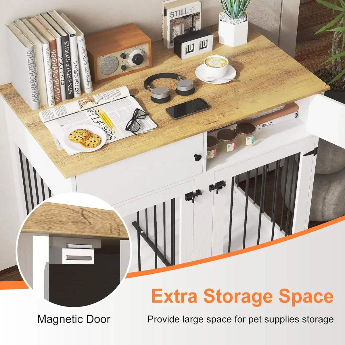 Dog Crate 41", Farmhouse White Wood & Steel with Removable Divider, Storage Cabinets & Double Doors