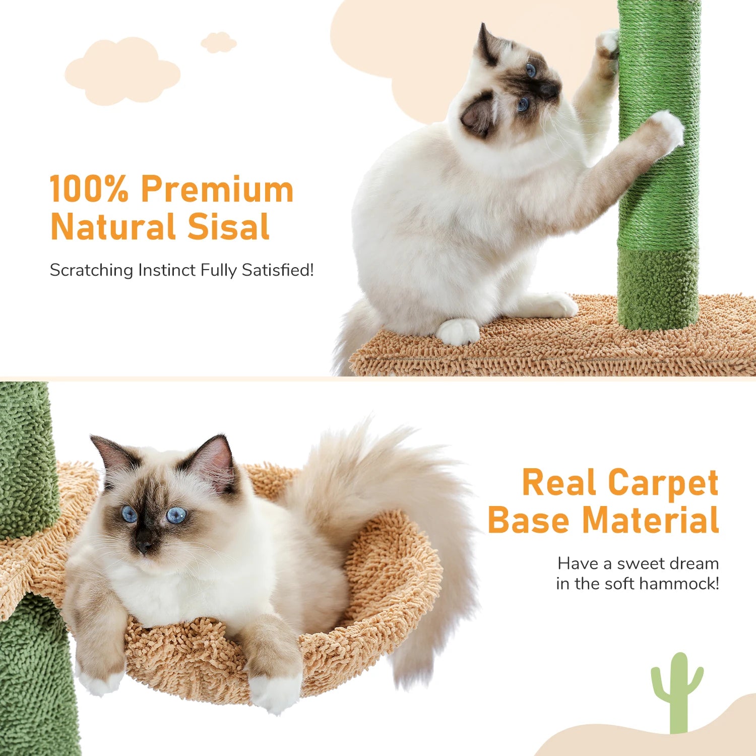 Cat Tree Cactus Floor to Ceiling 90"–108", 5 Levels with Sisal & Hammock