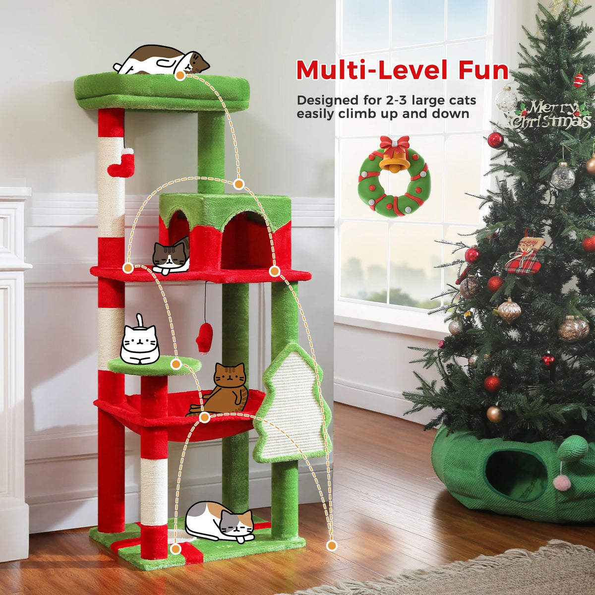 Cat Tree 143cm, 5-Level with Sisal Posts, Hammock, Condo & Top Perch