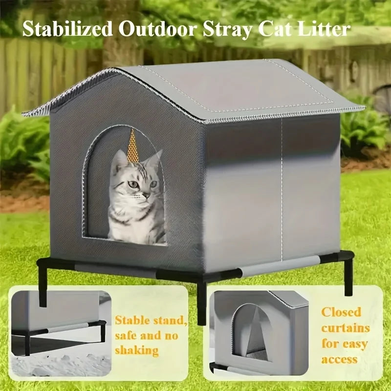 Cat House Outdoor 13"–16.5", Waterproof Elevated Shelter with Reversible Mat