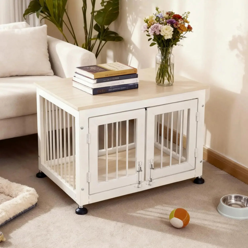 Dog Crate Furniture 27", Wood & Iron with Double Doors, 6 Slide Locks & Adjustable Feet