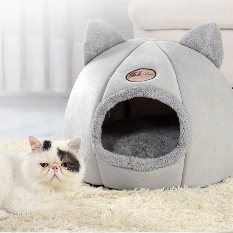 Cat House Cave Bed 13"–16", Cozy Enclosed Design with Removable Plush Cushion