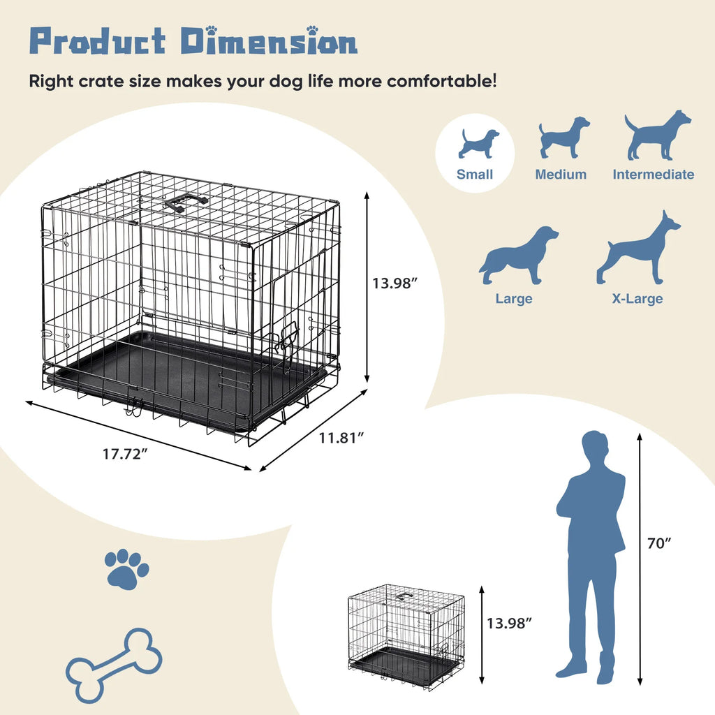 Folding Dog Crate 18", Metal Wire with Slide-Bolt Latch, Removable Tray & Carry Handle