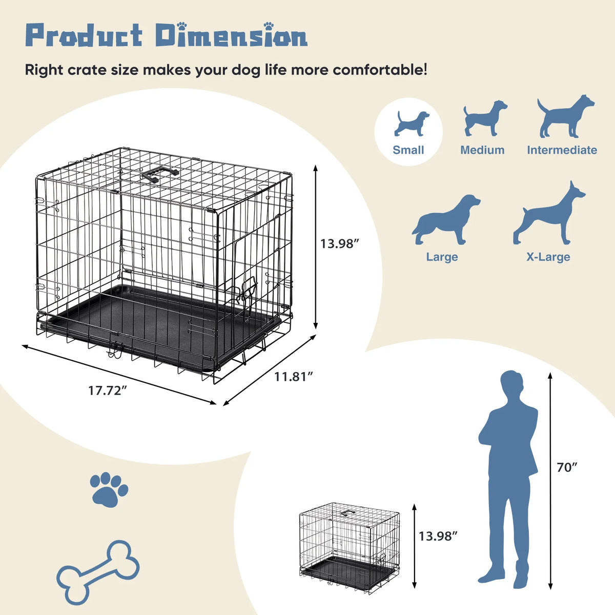 Folding Dog Crate 18", Metal Wire with Slide-Bolt Latch, Removable Tray & Carry Handle
