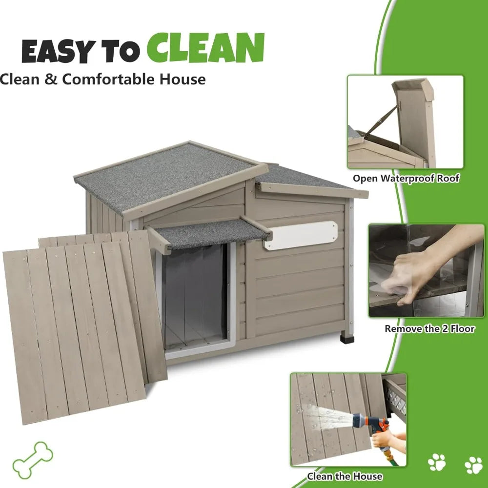 Outdoor Dog House 34", Fir Wood with Chew-Resistant Alloy Frame, Flip-Up Window & Removable Floor