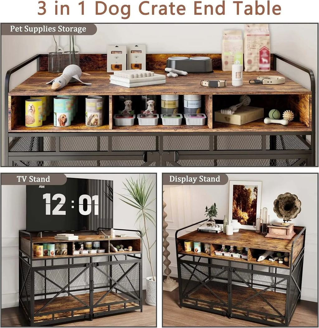 Dog Crate  48", Heavy-Duty Wood & Steel with Chew-Proof Mesh, Storage Compartments & Double Doors